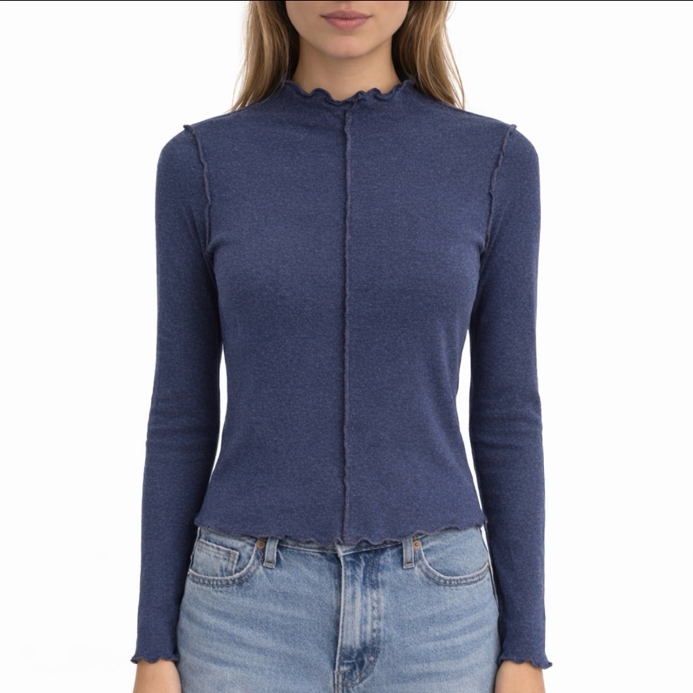 Pistola Ruffle Funnel Neck Sparkle Top Medium Navy